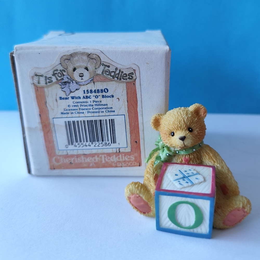 3/$25💙 Cherished Teddies Bear With ABC O Alpha Letter Block 1995 NIB